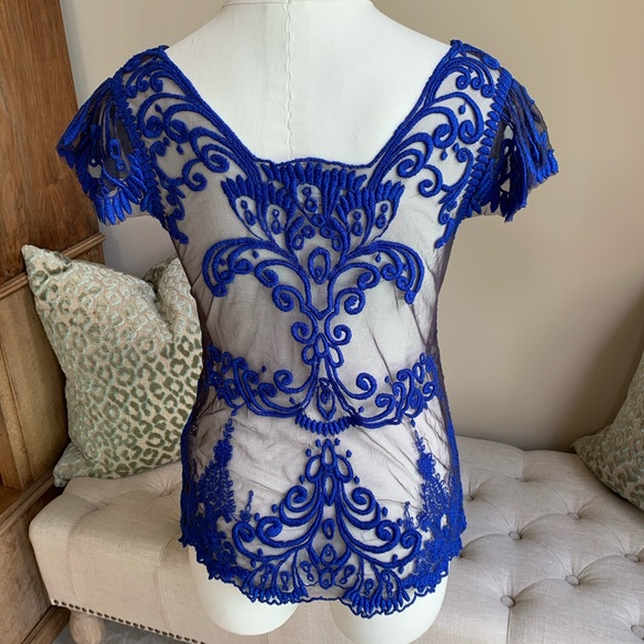 Baraschi Sheer Royal Blue Embroidered Blouse - Picture 4 of 4